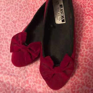 Red velvet bow tie flats